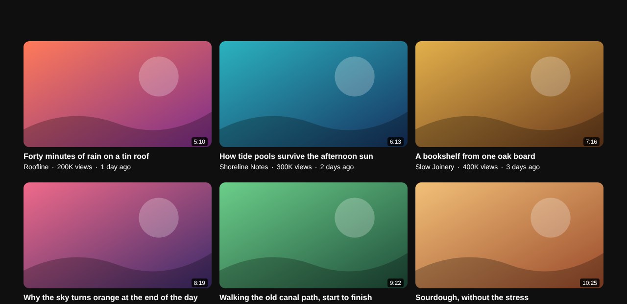 A video feed as it looks without Afterglow: bright thumbnails on a black page